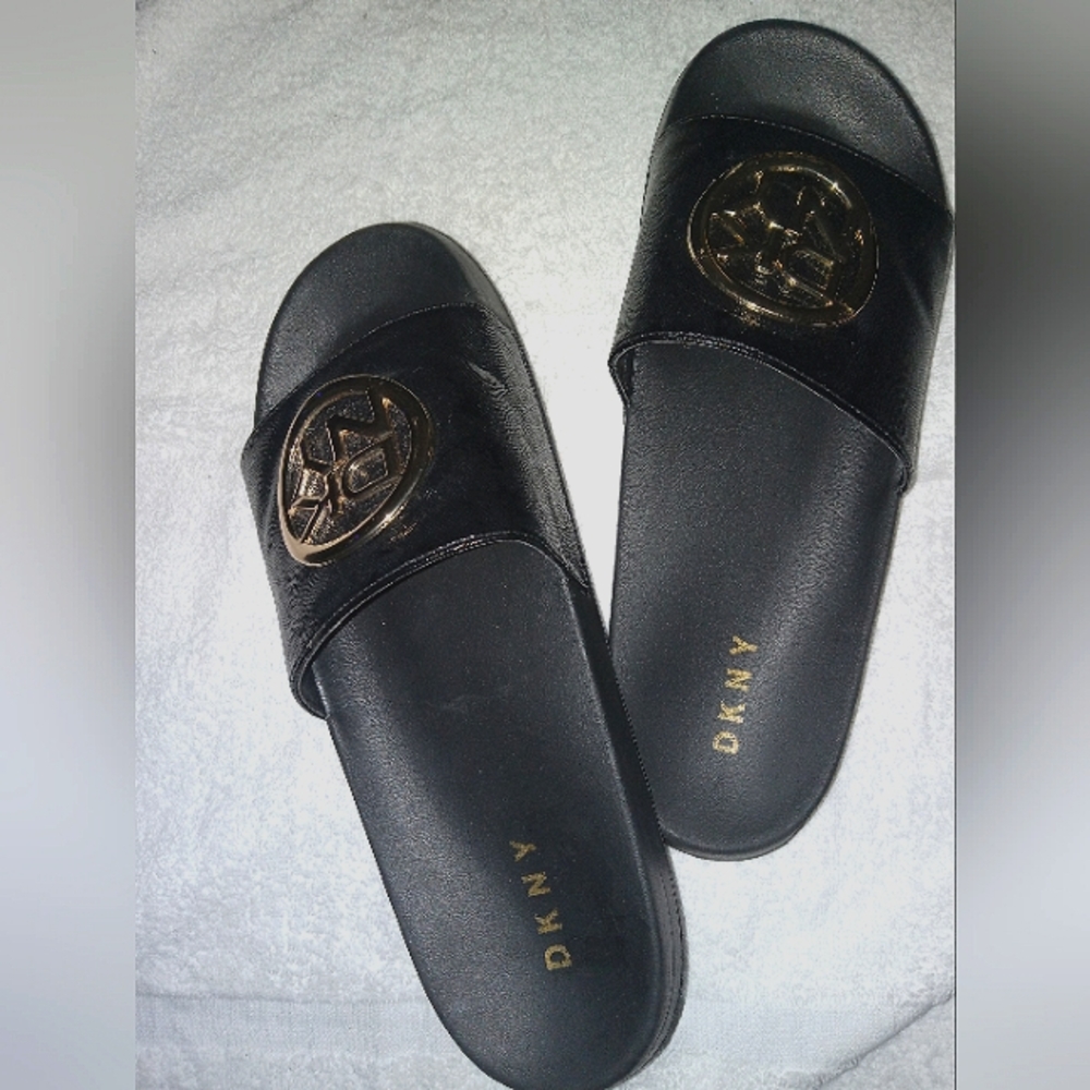 Dkny Slides Slip On Black Gold Logp size 10